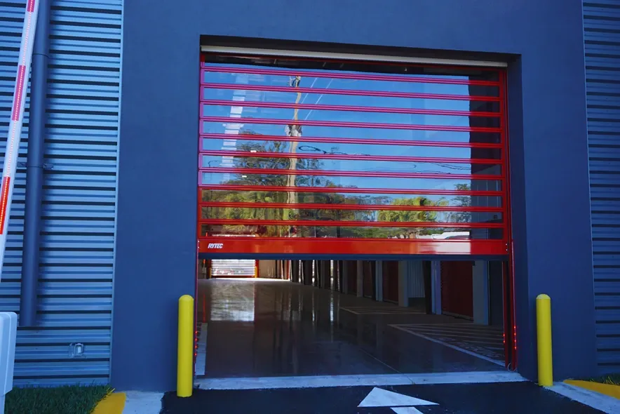 Secure indoor storage facility entrance with large roll-up access door